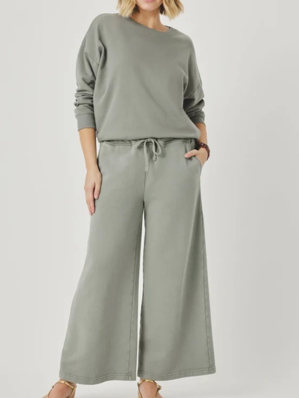 Splendid Greta Terry Wide Leg Pant/Sweatshirt Set in Eucalyptus